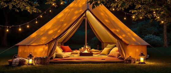 Fototapeta premium Cozy glamping tent illuminated by warm string lights