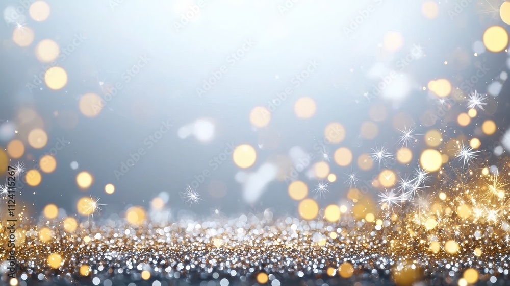 Poster a shimmering background featuring a mix of golden and silver bokeh lights, creating a festive and ma