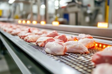 Modern poultry processing facility featuring automated conveyor systems and advanced machinery operating at maximum efficiency while maintaining strict hygiene standards during peak production hours