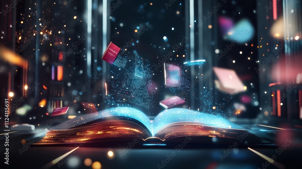 Poster an open book with glowing pages surrounded by floating books and sparkling particles.
