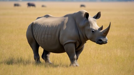 Obraz premium A majestic rhinoceros standing proudly in a vast grassland, its thick skin contrasting with the golden grasses, capturing the essence of wildlife in its natural habitat.