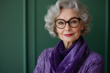 Elegant older woman poses with confidence in purple attire