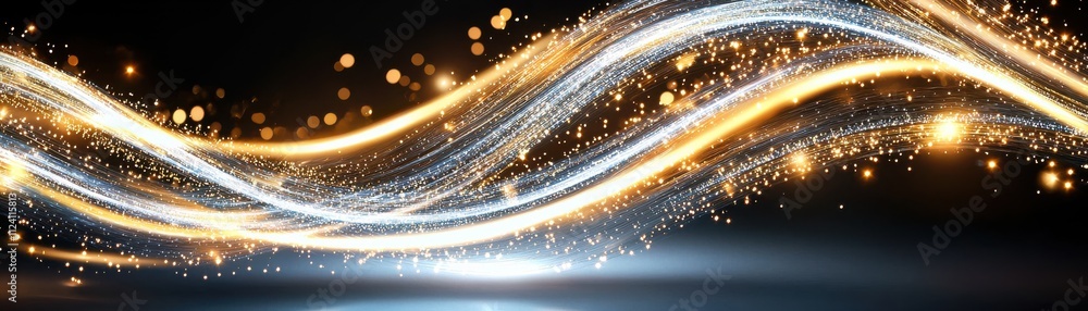 Poster a dynamic swirl of shimmering light trails in gold and silver against a dark background, creating a 