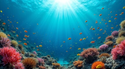 Naklejka premium A vibrant coral reef teeming with colorful fish swimming among the corals, showcasing the rich biodiversity and beauty of underwater life in a tropical ocean environment