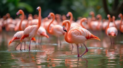 Obraz premium A vibrant scene of flamingos wading gracefully in shallow water, their pink feathers reflecting beautifully on the surface, capturing the essence of tropical wildlife and serene nature.