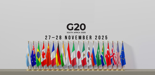 Flag G20 South Africa, Flags The members of the G20 are, G20 2025 colors flag with Text, Copy space, 3d illustration and 3d work