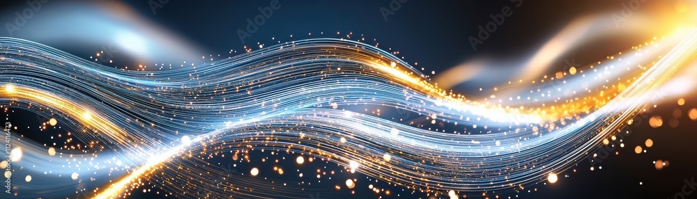 Poster a dynamic blend of glowing blue and golden waves, enhanced by sparkling lights, creating a mesmerizi