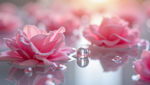 Romantic bubble bath with pink flowers and water droplets in a soft light atmosphere
