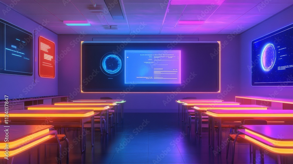 Poster a futuristic classroom with neon lighting and digital displays, designed for tech-focused learning.