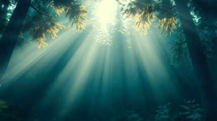 Obraz premium Sunlight filters through a dense forest, creating a serene and mystical atmosphere, Ideal for wellness, nature-themed projects, mindfulness materials, or as a calming background in media,