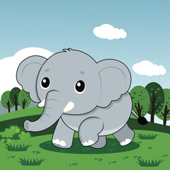 cartoon illustration of a small elephant in the grassland