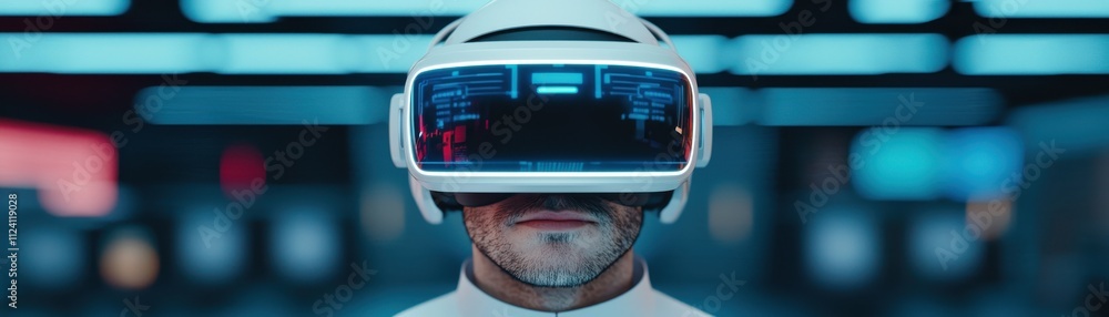 Poster futuristic virtual reality experience digital space technology content high-tech environment close-u