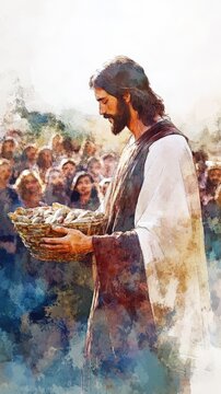 Vertical digital watercolor depicting Jesus feeding the 5000, focusing on Jesus holding loaves and fish, with a serene crowd in the background, painted in soft tones of faith and compassion