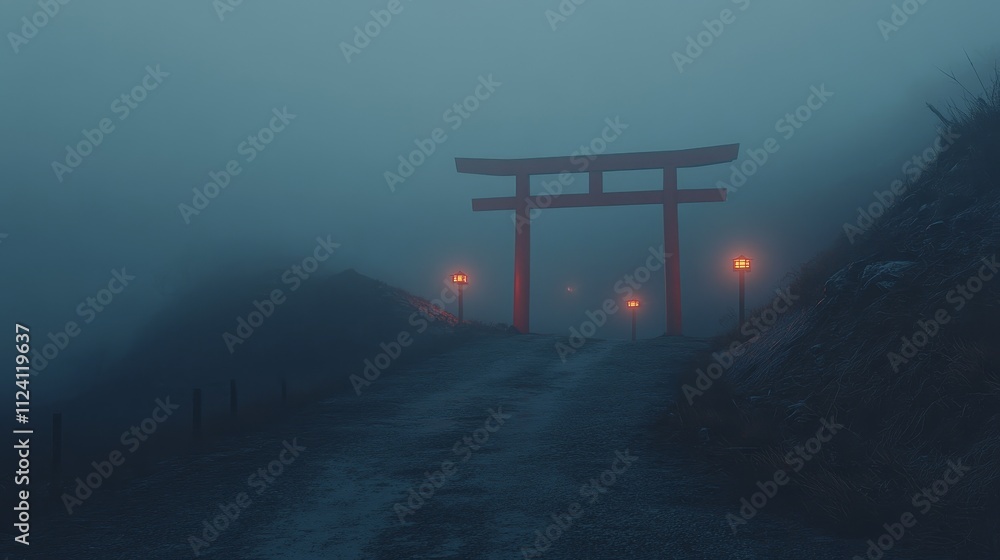 Poster a foggy path leads to a red torii gate, illuminated by lanterns, creating a mystical atmosphere.