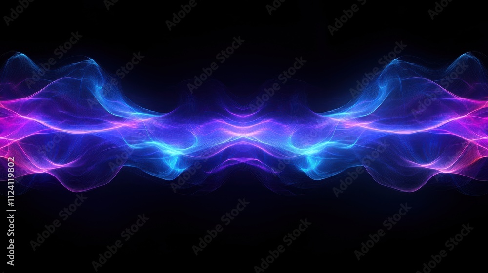 Poster a vibrant display of swirling blue and pink light waves against a black background, creating a dynam
