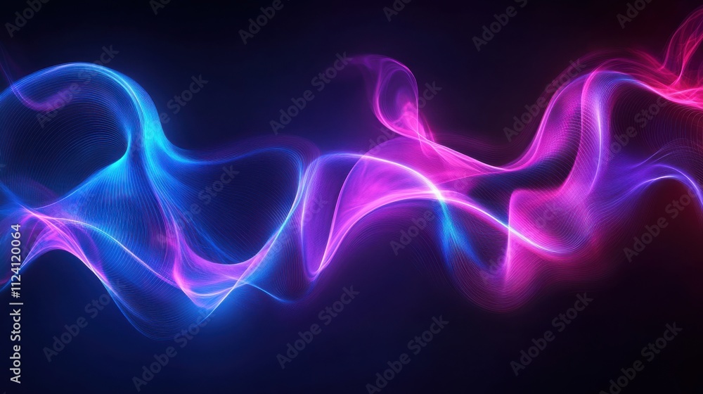 Poster a vibrant wave of blue and pink light swirls gracefully against a dark background, creating a dynami