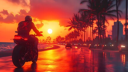 Fototapeta premium Silhouetted rider on a motorcycle against a vibrant sunset beach scene.