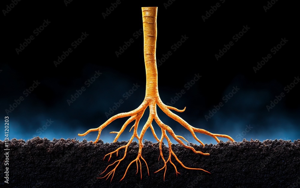 Aufkleber root structure emerging from soil with a dark background.