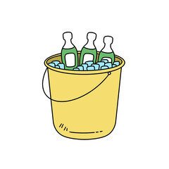 A bucket filled with ice and three bottles of soda