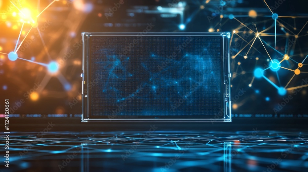 Aufkleber a digital screen displaying a network of interconnected nodes and data points.