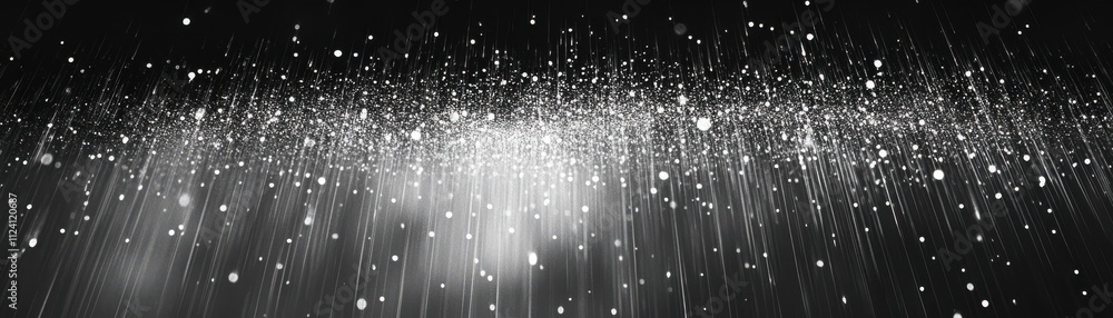 Poster a captivating black-and-white image depicting a cascade of shimmering particles against a dark backd