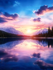 Fototapeta premium A serene mountain landscape at sunset, reflecting vibrant colors in a tranquil lake, Ideal for nature-themed projects, travel articles, or as a calming backdrop in wellness settings,
