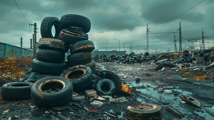 A towering stack of discarded tires amidst a sprawling tire dump, under a brooding sky.