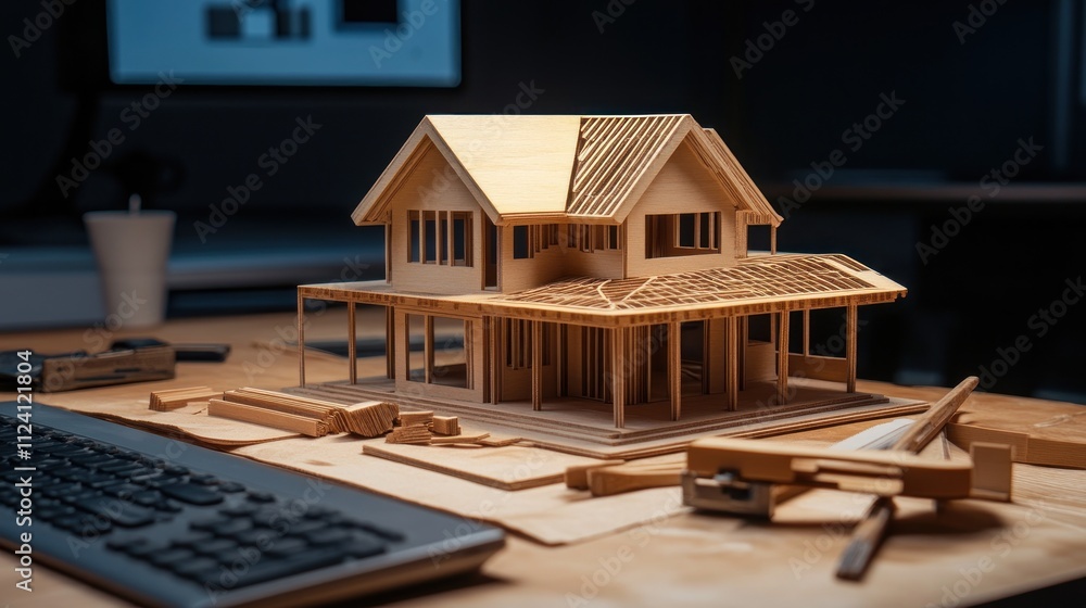 Poster wooden architectural model of a house on a desk with tools and computer.