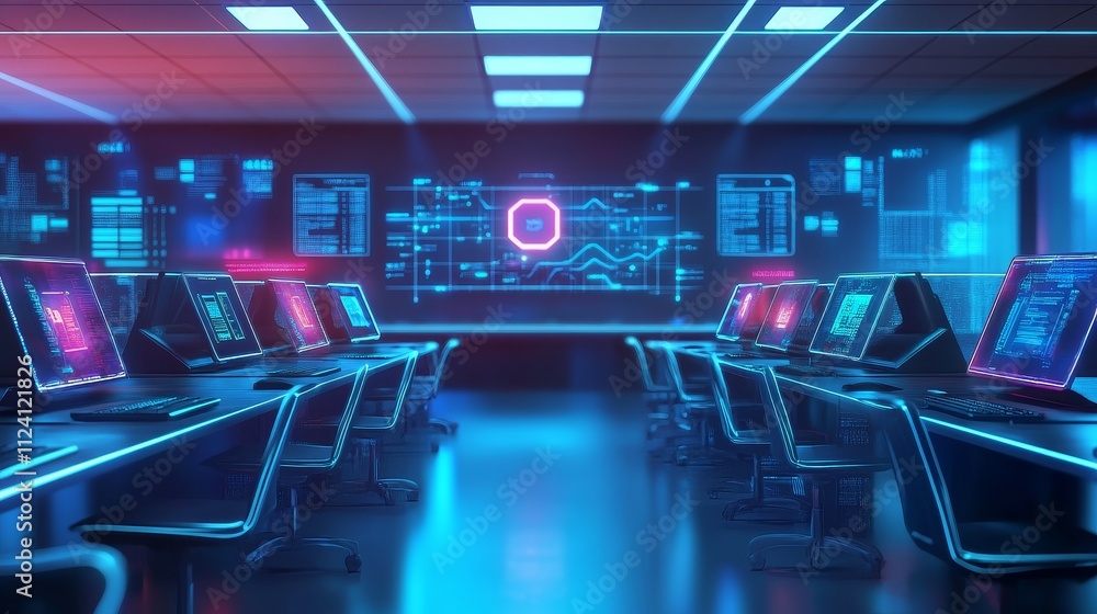 Poster a futuristic workspace with multiple computers and digital displays, suggesting a tech-focused envir