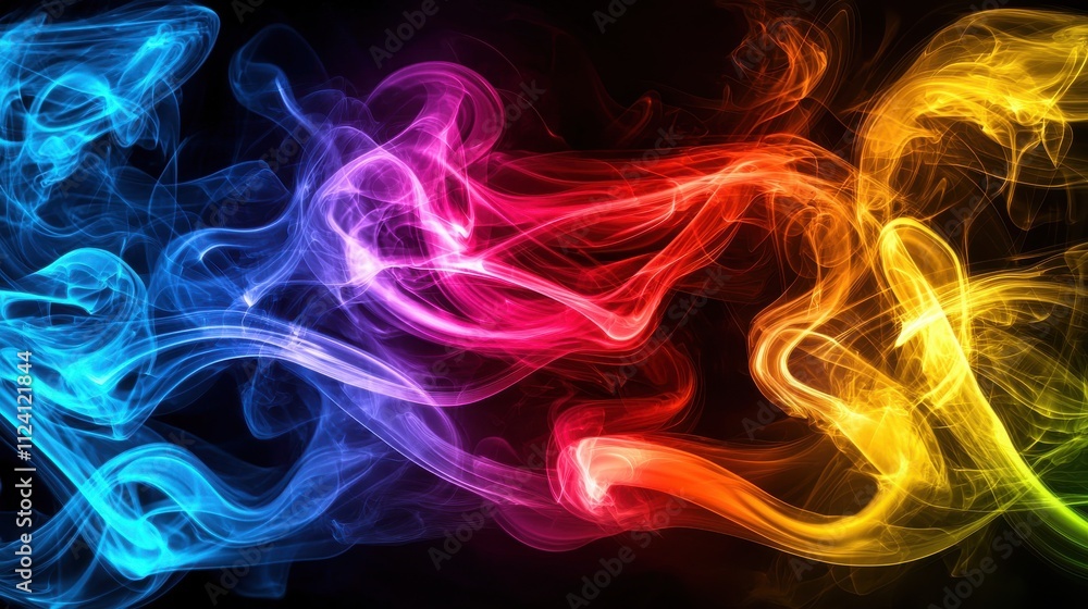 Poster a vibrant swirl of colorful smoke creating a mesmerizing abstract design against a dark backdrop.