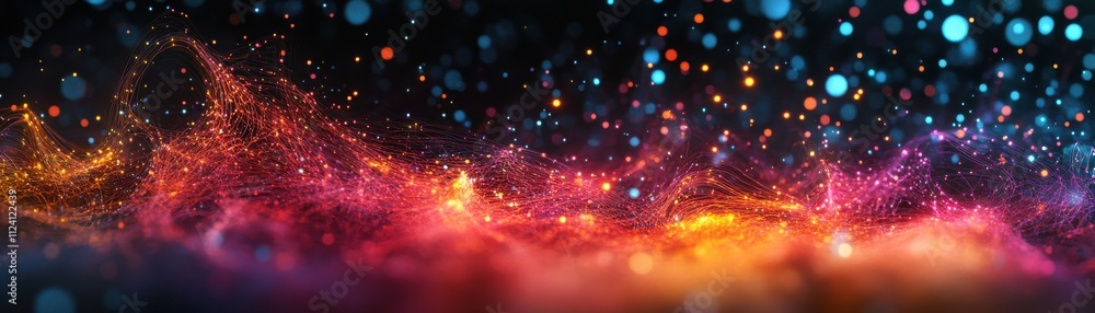 Poster a vibrant, abstract depiction of colorful particles and light, creating a dynamic, cosmic atmosphere