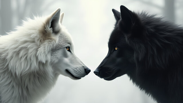 white wolf and black wolf duel of good and evil concept art a white wolf versus a black wolf fantasy illustration
