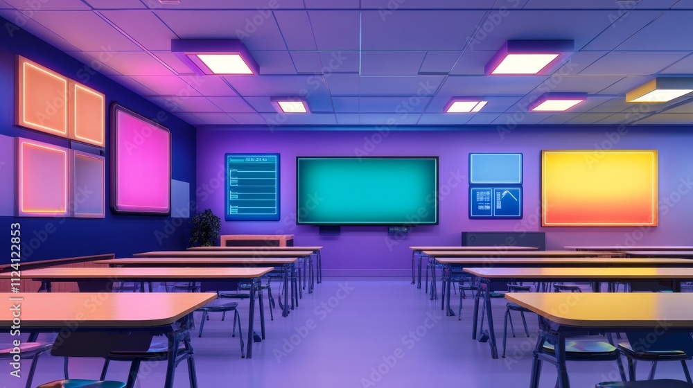 Poster a modern classroom with colorful walls and digital displays, designed for interactive learning.