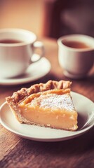 Enjoying a slice of creamy pie with warm beverages