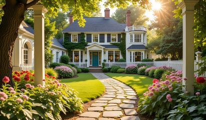 Elegant colonial-style home with lush gardens, vibrant flowers, a white picket fence, a stone pathway, and a teal door, illuminated by soft sunlight filtering through the trees.