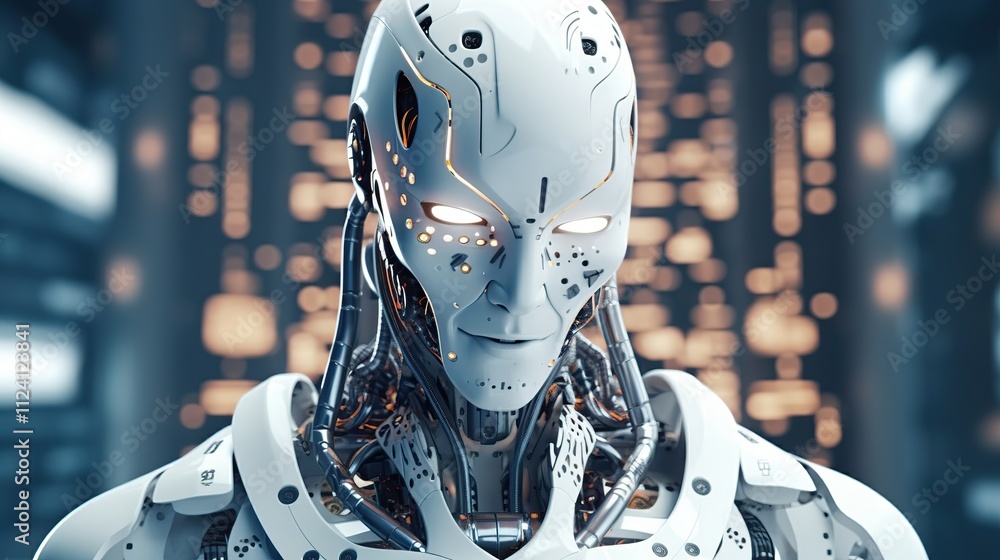 Poster futuristic robot close-up with intricate circuit details