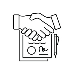 Agreement flat line icon. Paper documents with stamp sign. Thin linear logo for legal financial services, accountancy.