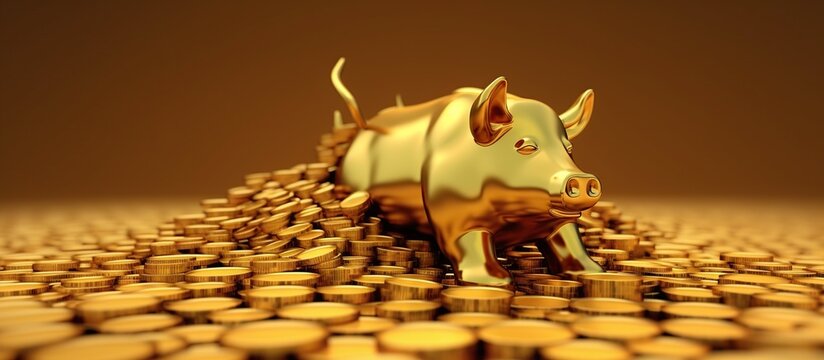 Golden Piggy Bank Surrounded by Shiny Coins on a Brown Background