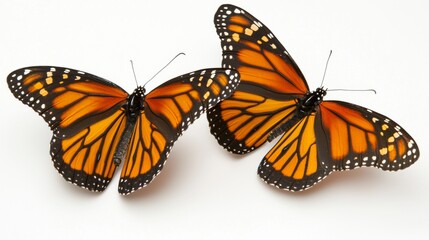 Obraz premium Two vibrant monarch butterflies dance through the air, showcasing their stunning orange and black wings in a serene white setting