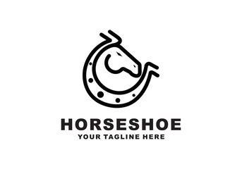 horse head combination logo design with horseshoe. vector design icon with line style	