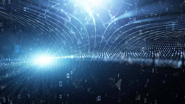 Abstract dark shiny cyberspace with compter data and curvy lines network loop animation.