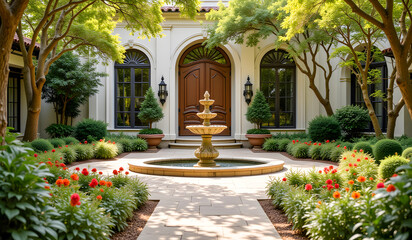 Stunning Mediterranean courtyard with a tiered fountain, vibrant red flowers, manicured greenery, arched wooden doors, tall windows, and soft sunlight filtering through lush trees.