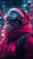 Bearded man in festive gear with futuristic goggles