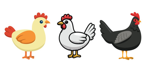 A set of three colorful cartoon chickens vector illustrated in a playful farmyard style, perfect for children’s designs