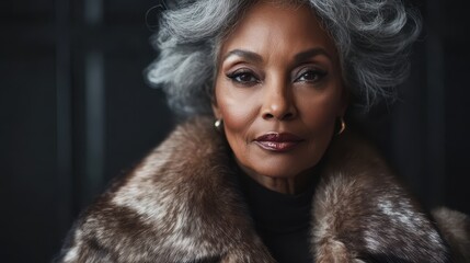 Elegant mature woman with gray hair, wearing a fur collar. Portrays confidence, sophistication, and timeless beauty.