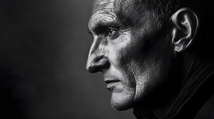 A dramatic black and white portrait of a man
