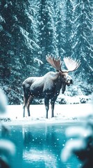 Moose standing in a snowy forest by the water