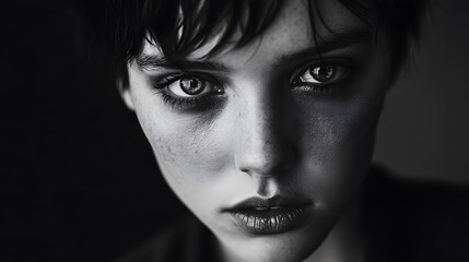 A close-up black and white portrait of a young woman