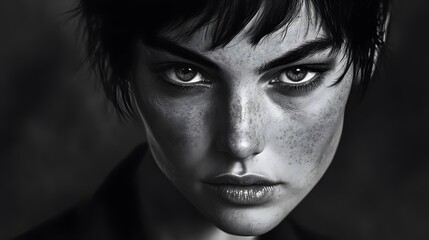 A close-up black and white portrait of a young woman