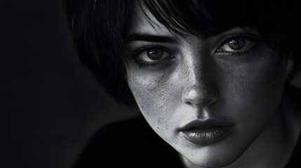 Fototapeta premium A close-up black and white portrait of a young woman